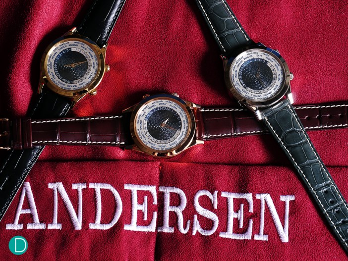 Andersen Genève Tempus Terrae. Three versions in a scale dial: in yellow gold, red gold and white gold. The dial is a magnificent hand guilloché in blue gold.