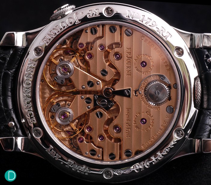 The movement of the Chronomètre à Résonance. Rose gold plates, bridges and cocks decorated with Côtes de Genève.